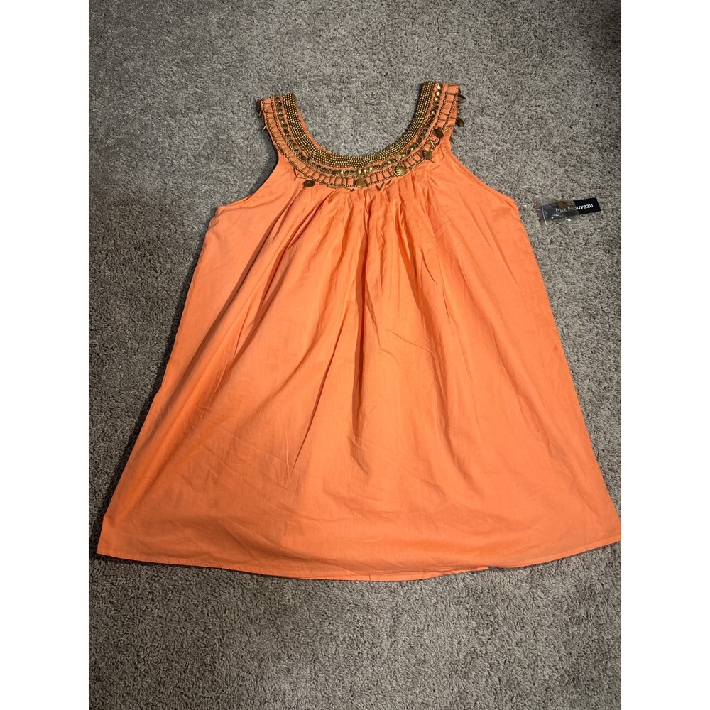 Mix Nouveau Orange Beaded Shell Neckline Cotton Sleeveless Boho Blouse Large